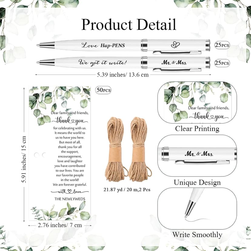 50 Sets Wedding Favors for Guests Bulk Retractable Ballpoint Pen Thank You Cards with Hemp Rope Bridal Shower Gift for Guest Wedding Souvenirs Newlyweds Party Supplies