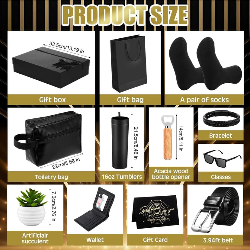 Skylety 13 Pcs Birthday Gifts Baskets for Men Gift for Men Birthday Gift Box 16 oz Tumblers Wallet Toiletry Bag Belt Sock Bottle Opener Bracelet Glasses Keychain for Dad Boyfriend Husband