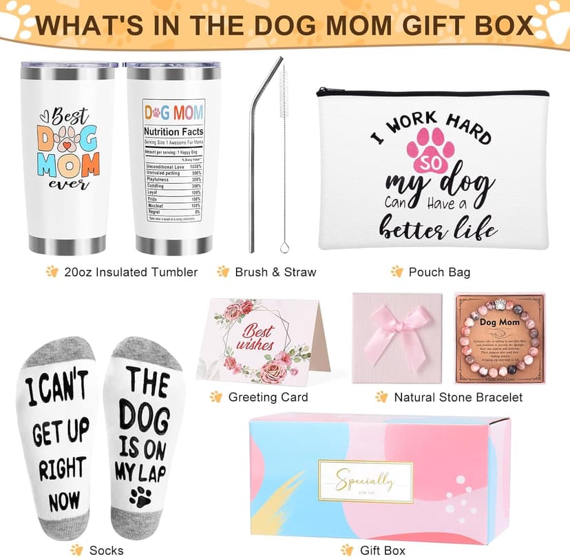Dog Mom Dog Lover Gifts for Women, 20oz Wine Tumbler Set with Makeup Bag & Natural Stone Paw Bracelets & Socks for Women - Perfect for Birthdays, Mothers Day & Christmas