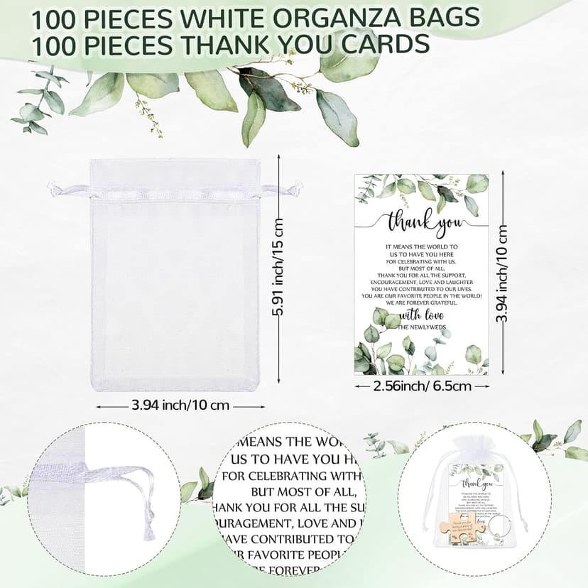 Sintuff 100 Sets Wedding Favors for Guests Rustic Wood Puzzle Keychain Thank You Card Organza Bag Wedding Party Bridal Shower Souvenir