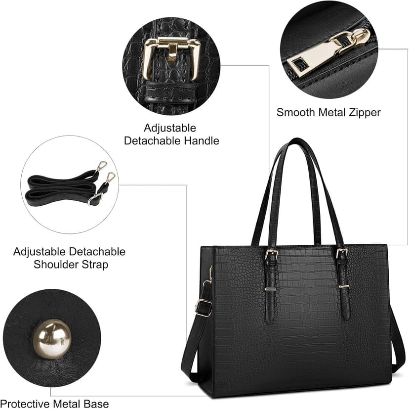 Laptop Bag for Women 15.6 Inch Laptop Tote Bag Leather Classy Computer Briefcase for Work Waterproof Handbag Professional Shoulder Bag Women Business Office Bag Large Capacity Black