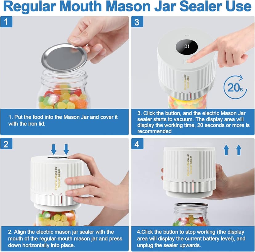 Electric Mason Jar Vacuum Sealer Kit for Wide Mouth and Regular Mouth Mason Jar - White