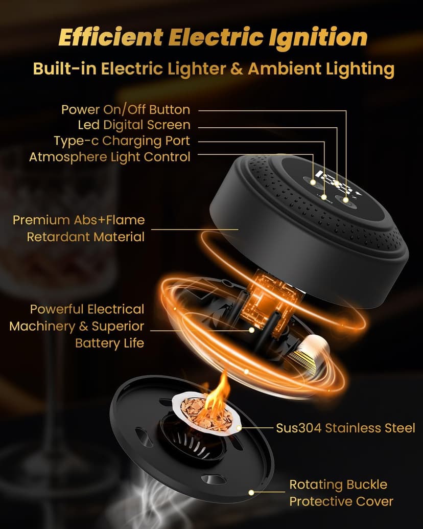 Electric Whiskey Smoker Kit, CHERRYQUEEN Old Fashioned Smoker Kit, Built-in Lighter & Ambient Light, 4 Reusable Ice Cubes 6 Wood Chips, Gifts for Men Dad Husband Whiskey Lovers (Birthday/Christmas)