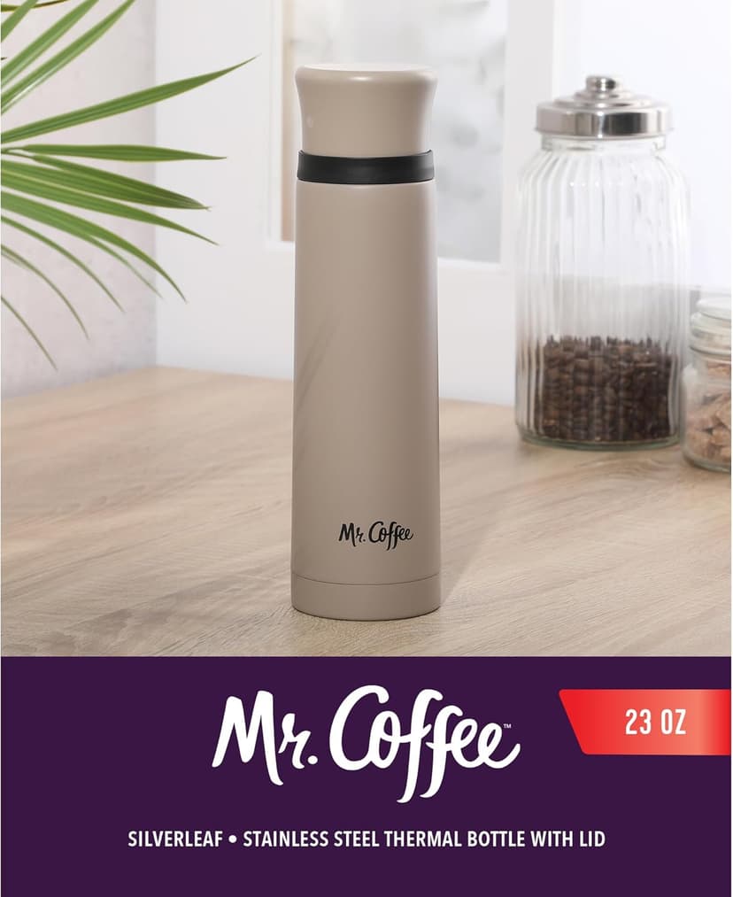 Mr. Coffee Silverleaf 23 oz Stainless Steel Thermal Bottle – Double Wall Vacuum Insulated Travel Mug with Leak-Proof Lid, Taupe – Hot & Cold Beverage Flask for Work, Commute, or Camping