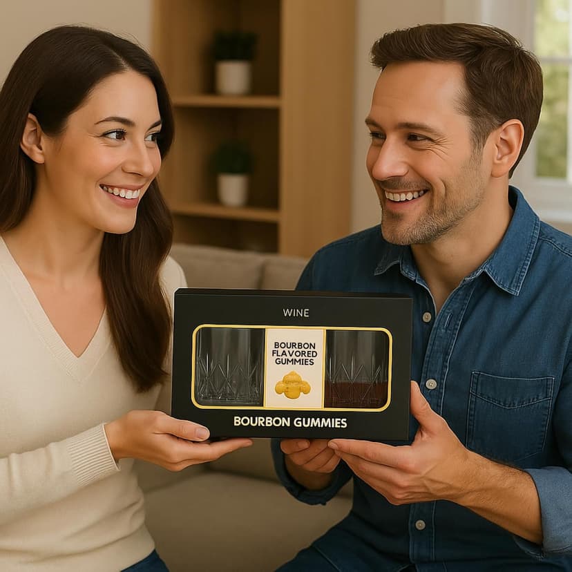 Bourbon Gummy Gift Set with 2 Whiskey Glasses – Bourbon-Flavored Candy Bears & Crystal Lowball Glasses – Father’s Day Gift for Whiskey & Scotch Lovers, Dad, Husband, or Him – Tasting Set