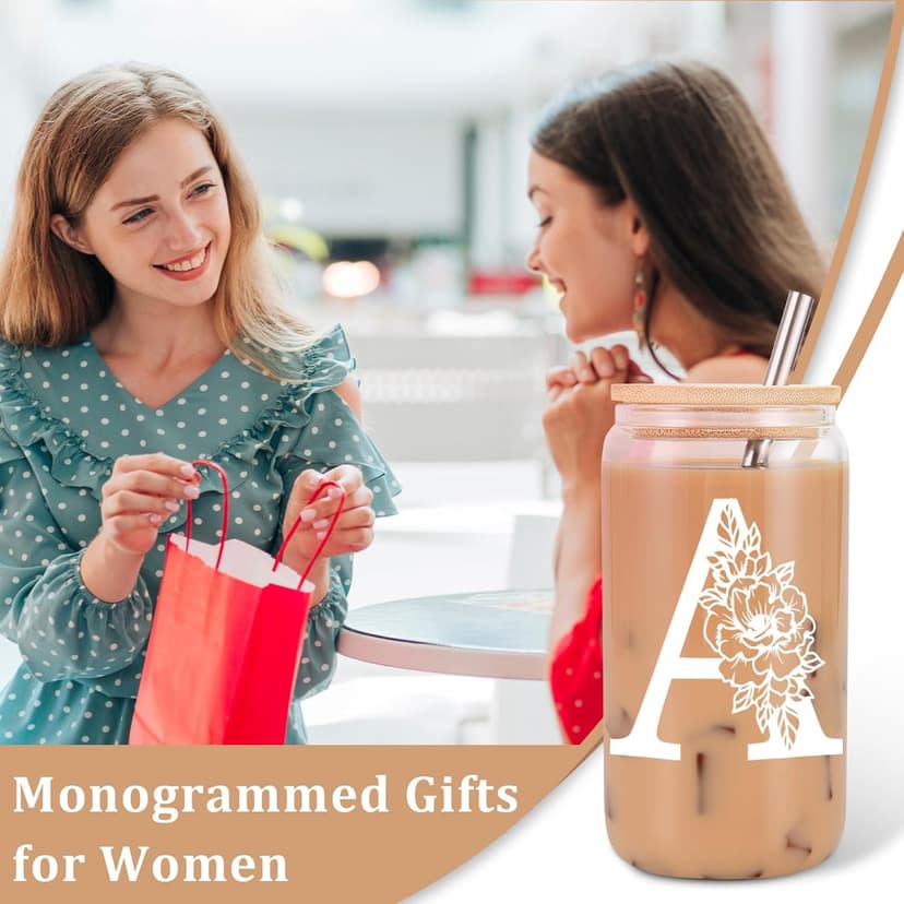 Coolife Initial Glass Cup, Monogrammed Gifts for Women, 16 oz Glass Cups w/Lids Straws, Iced Coffee Smoothie Beer Tumbler w/Straw Lid - Personalized Christmas, Birthday Gifts for Her Mom Friend Woman