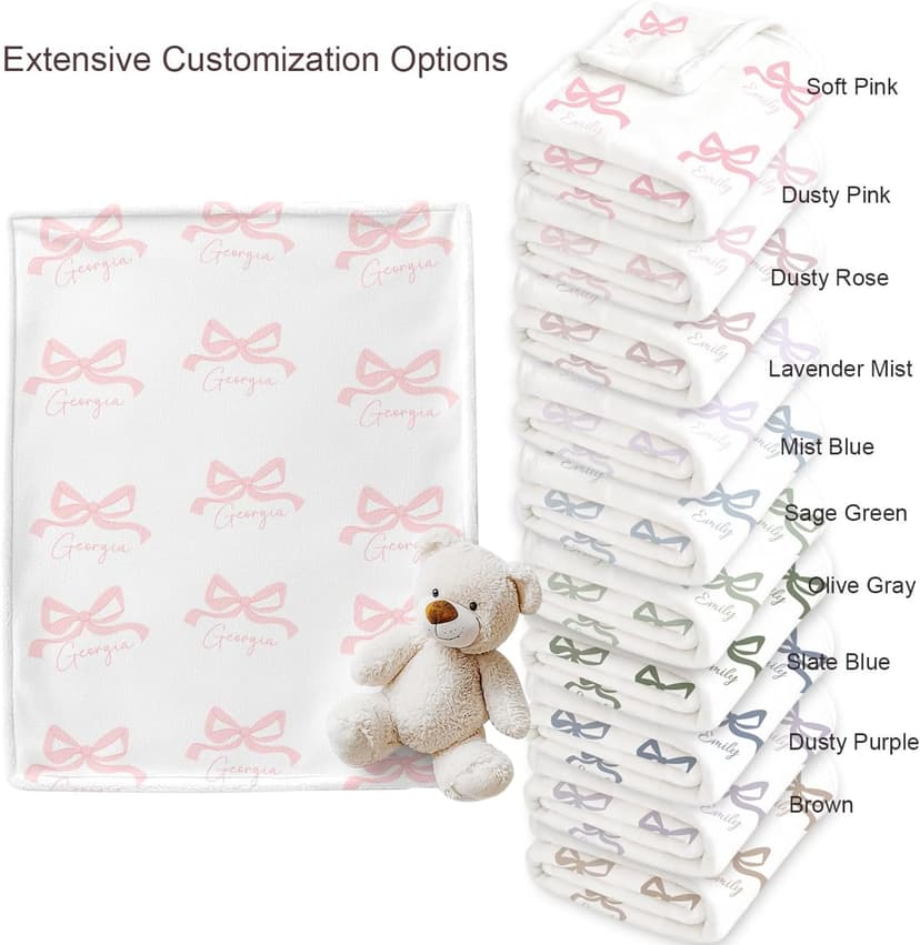 Personalized Baby Blanket with Bow – Custom Name Blanket for Newborn Girl, Soft Coral Fleece Blanket with Custom Bow & Text Color, Keepsake Nursery Blanket