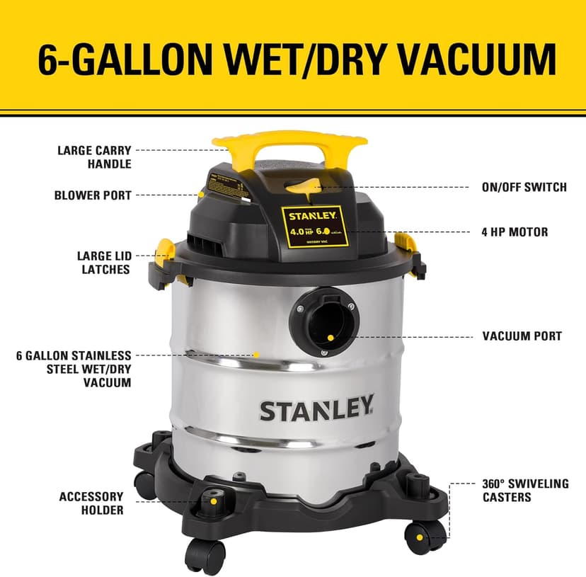 STANLEY SL18116 Wet/Dry Vacuum, 6 Gallon, 4 Horsepower, Stainless Steel Tank, 4.0 HP, Silver+Yellow