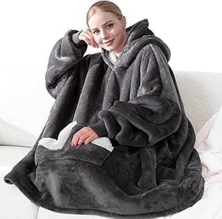 Touchat Wearable Blanket Hoodie, Oversized Sherpa Fleece Sweatshirt Blanket with Giant Hood Pocket and Sleeves for Adult, Warm & Cozy Grey Blanket Gifts for Women