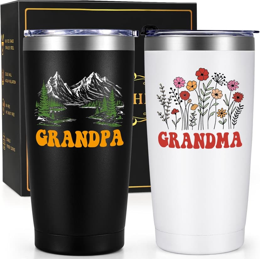 Qtencas Grandma and Grandpa Gifts, Grandparents Christmas Gifts, Grandpa and Grandma insulated Travel Tumbler Set, Gift for Grandparents on Christmas Birthday Anniversary, 20 Oz Black & White