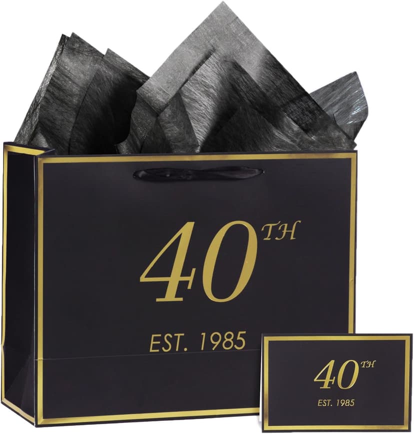 momoake 40th Birthday Gift Bag with Card and Tissue Paper for Men Women, 1985 40 Year Old 13" Elegant Black Gold Anniversary Keepsake Party Present Shopping Paper Bags for Gifts Wrapping (1985 40th)