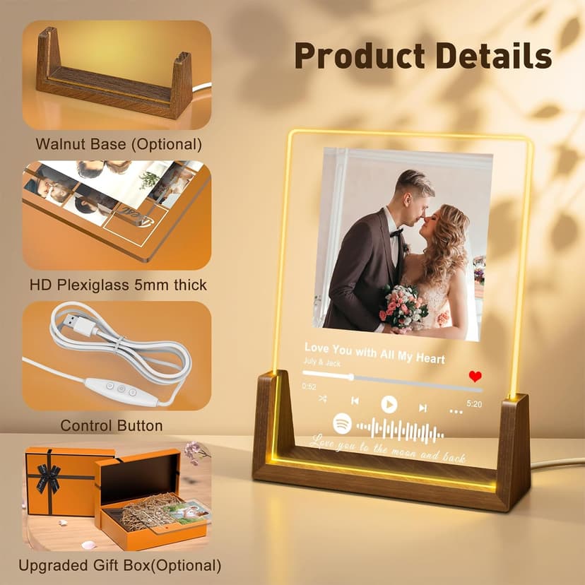 Custom Spotify Plaque-Personalized Picture Frames with Night Light,Music Plaque Frame,Personalized Anniversary Birthday Gifts for Women Men Girlfriend Boyfriend Couples