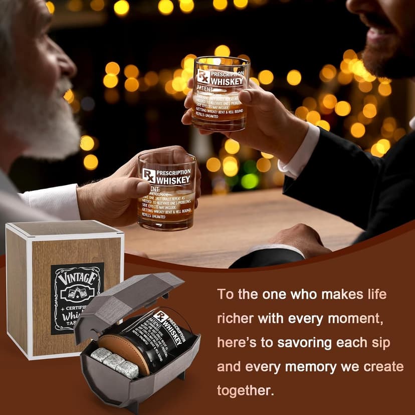 Prescription Whiskey Glass, Funny Rocks Glass & Bourbon Barrel Set for Brother Boyfriend Father Husband Coworker on Christmas & Birthday, White Elephant Cool Gag Gifts for Men