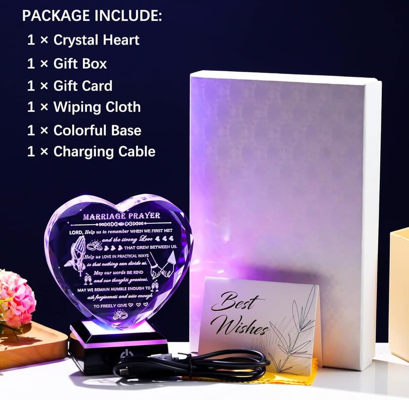 Wedding Gifts for Couples 2025 with Colorful LED Base Heart Happy Anniversary Marriage Prayer Gift with Inspiring Quotes Unique Newlywed Mr and Mrs Engagement Gift Bridal Shower Gifts