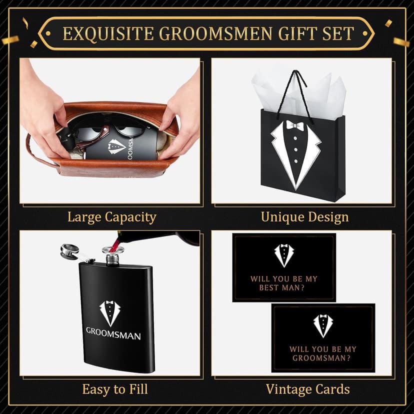 60Pcs Groomsmen Gifts Set of 6, Groomsmen Proposal Box with Flasks Sunglasses PU Leather Toiletry Bag Bottle Opener for Wedding Groomsman Best Man Gift