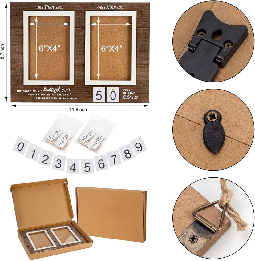 Then & Now Anniversary Picture Frame, 1-99 Years Wedding Gift Ideas - Anniversary Wood Photo Frame, Engagement Bridal Shower Gifts with Sentimental Quote - Holds 2 4x6 Inches Photos (Then & Now)