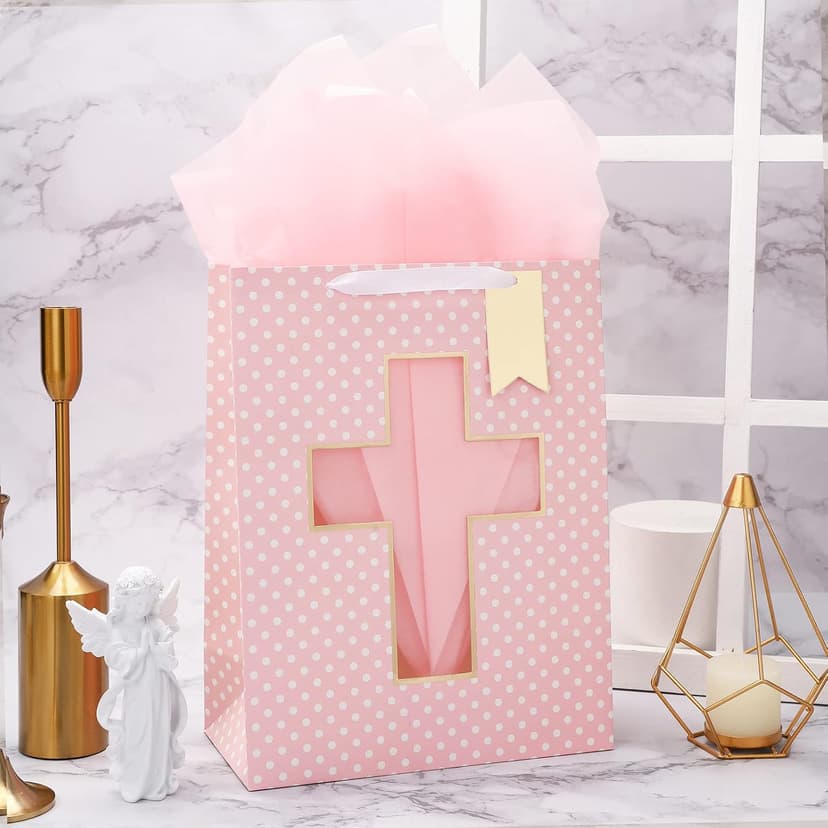 Loveinside Pink Gift Bag with Cross Design, Tissue Paper for Baby Girl Baptisms, Christenings, First Communions Religious Occasion- 10" x 5" x 13", 1 Pcs