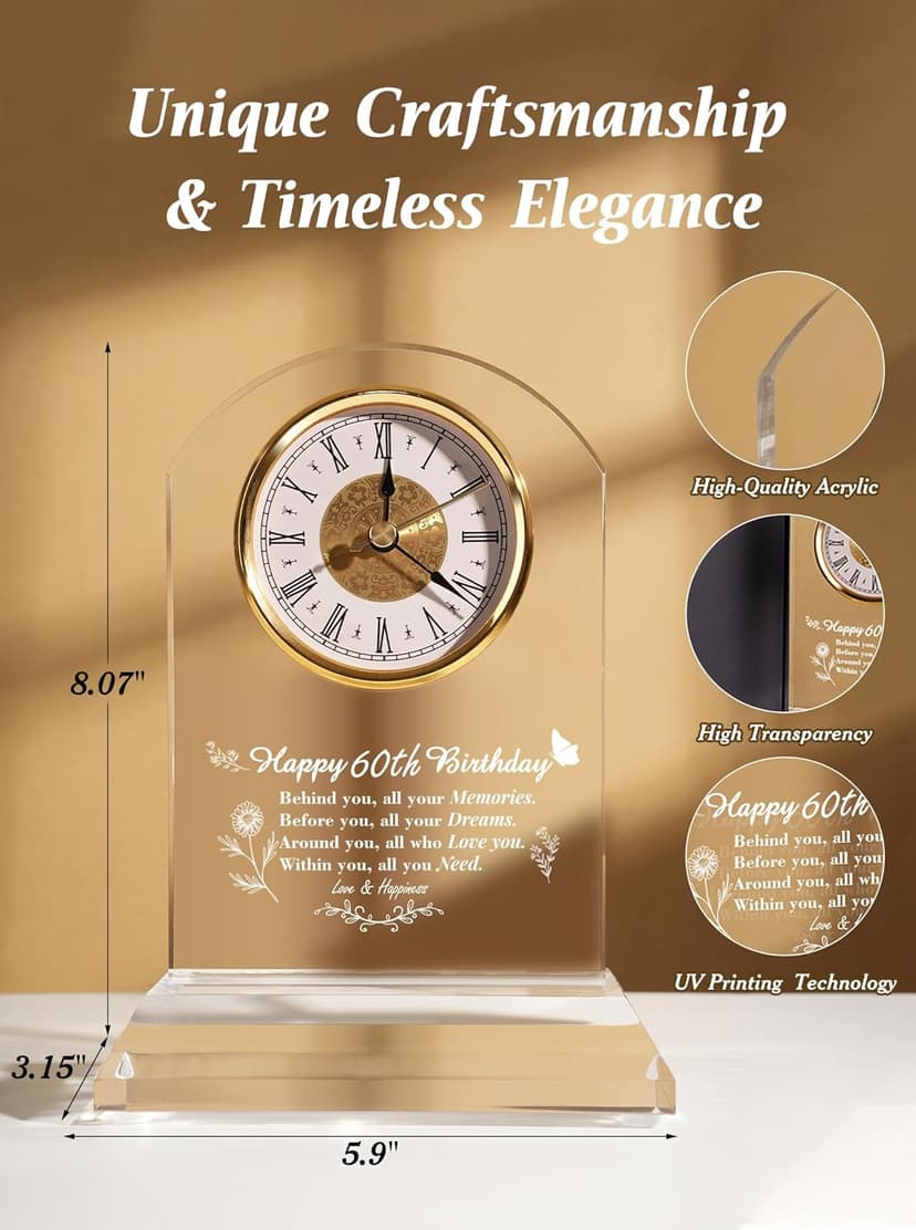 DEEWISH 60th Birthday Gift Quartz Desk Clock – Elegant Home Blessing Decoration for Parents, Grandparents, Friends, Mom, Dad, Happy 60 Years Birthday Decoration for Women Men