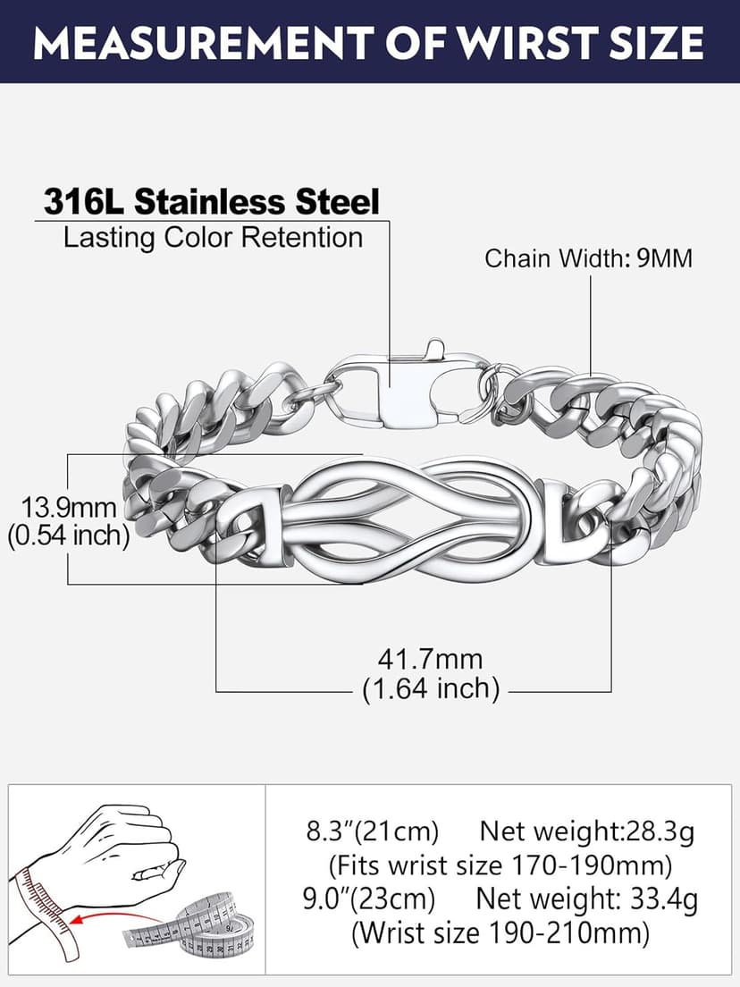 Bandmax Inifinity Love Knot Cuban Link Chain Bracelets for Men Stainless Steel/Black Mens Bracelet with Love Message Card Gift for Son Grandson Husband Father