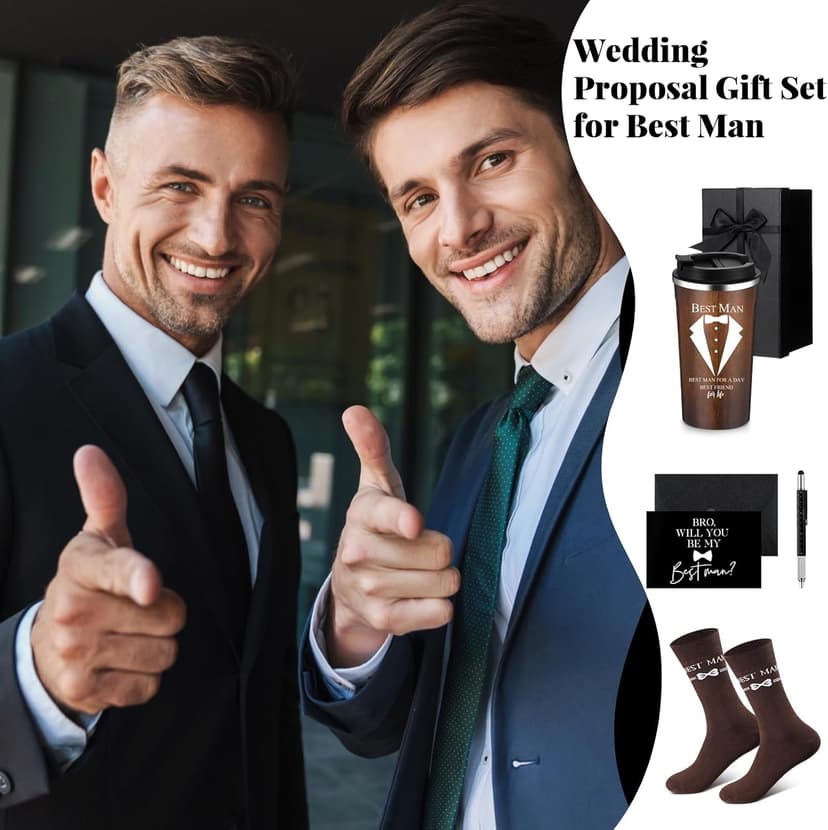 Nuanchu 6 Pcs Best Man Gifts Wedding Proposal Gift for Best Man Groomsman 17oz Office Cup Tumbler Socks Multi Tool Ballpoint Pen with Greeting Card Envelope(Wood Color)