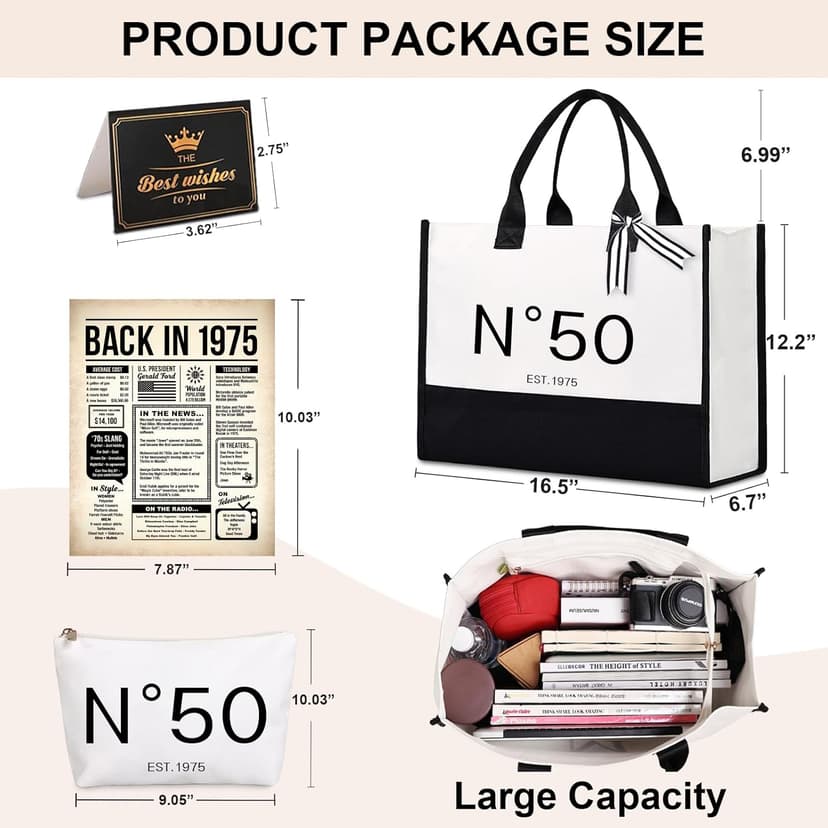 Lamyba 50th Birthday Gifts for Her, 50s Birthday Decorations for Women/Wife/Mom/Friends/Sister, no 50 Tote Bag & Cosmetic Bag & Back in 1975 Poster