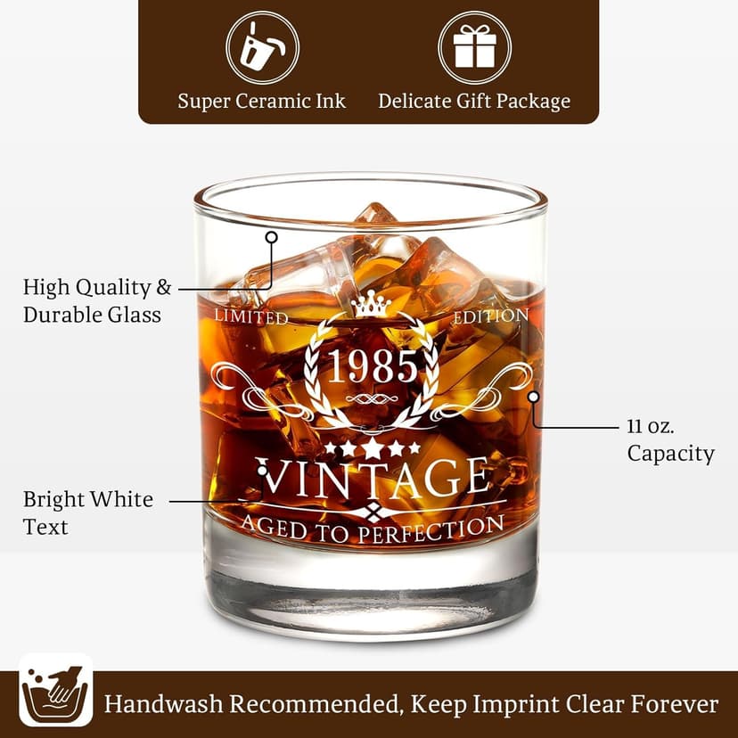 40th Birthday Gifts for Men Whiskey Glass Set - 40th Birthday Decorations, Party Supplies - 40 Year Anniversary, Bday Gifts Ideas for Him, Dad, Husband, Friends - Wood Box & Whiskey Stones & Coaster