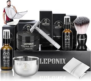 Shaving Kit for Men, Include Safety Razor, Sandalwood Cream, Aftershave, Pre Shave Oil, Shaving Brush and Bowl, Shaving Apron Bib -Unique Gifts for Him Stocking Stuffers