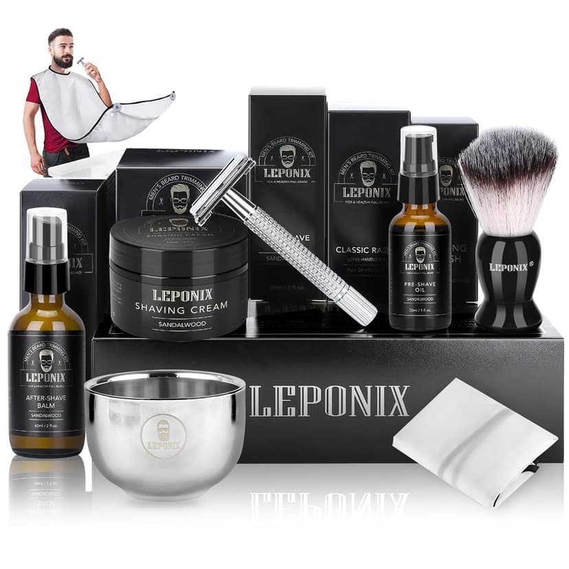 Shaving Kit for Men, Include Safety Razor, Sandalwood Cream, Aftershave, Pre Shave Oil, Shaving Brush and Bowl, Shaving Apron Bib -Unique Gifts for Him Stocking Stuffers