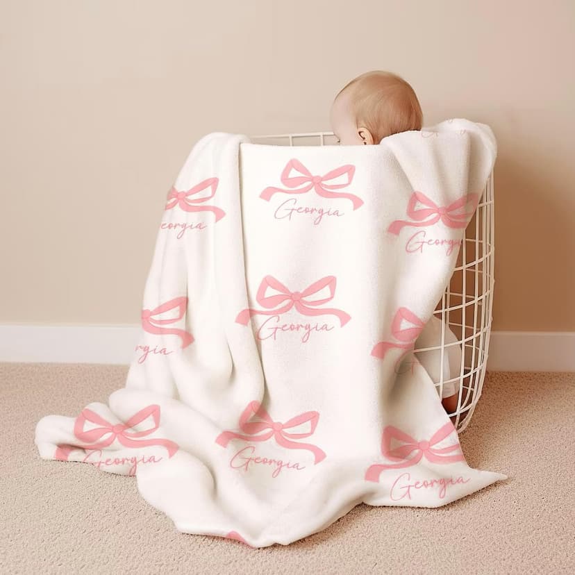 Personalized Baby Blanket with Bow – Custom Name Blanket for Newborn Girl, Soft Coral Fleece Blanket with Custom Bow & Text Color, Keepsake Nursery Blanket