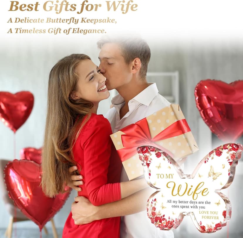 Romantic Wife Anniversary Birthday Gift Ideas, 5x3.8x0.5 Inch Butterfly Acrylic Plaque Decor, Mothers Day Valentines Christmas Wedding Present for Wife