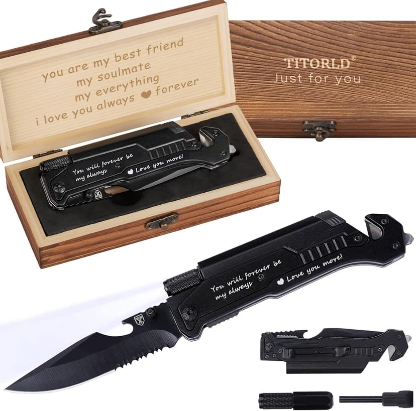 Gifts for Him Men, Christmas Anniversary Birthday Gifts for Boyfriend Husband, Stocking Stuffers for Him, Engraved Pocket Knife, Camping Hiking Multitool Knife Present, Folding Knives with Wood Box