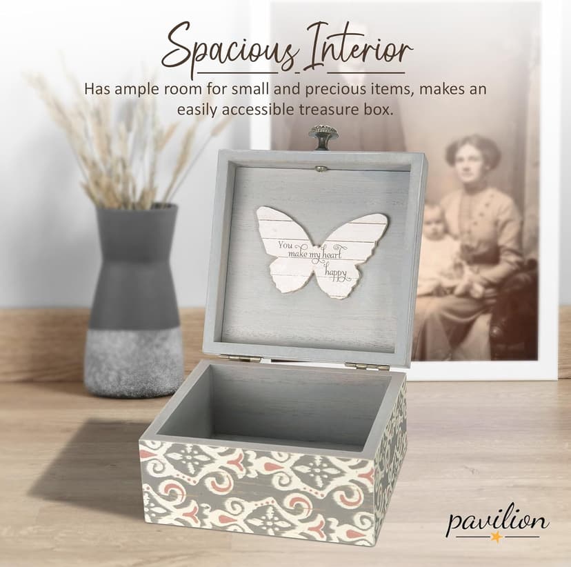 Pavilion 'Simple Spirits Butterfly' 41102 - Wooden Hinged Keepsake Box with Patterned Design and Printed Message for Friends and Loved Ones, Storage for Cosmetic, Trinkets, and Jewelry