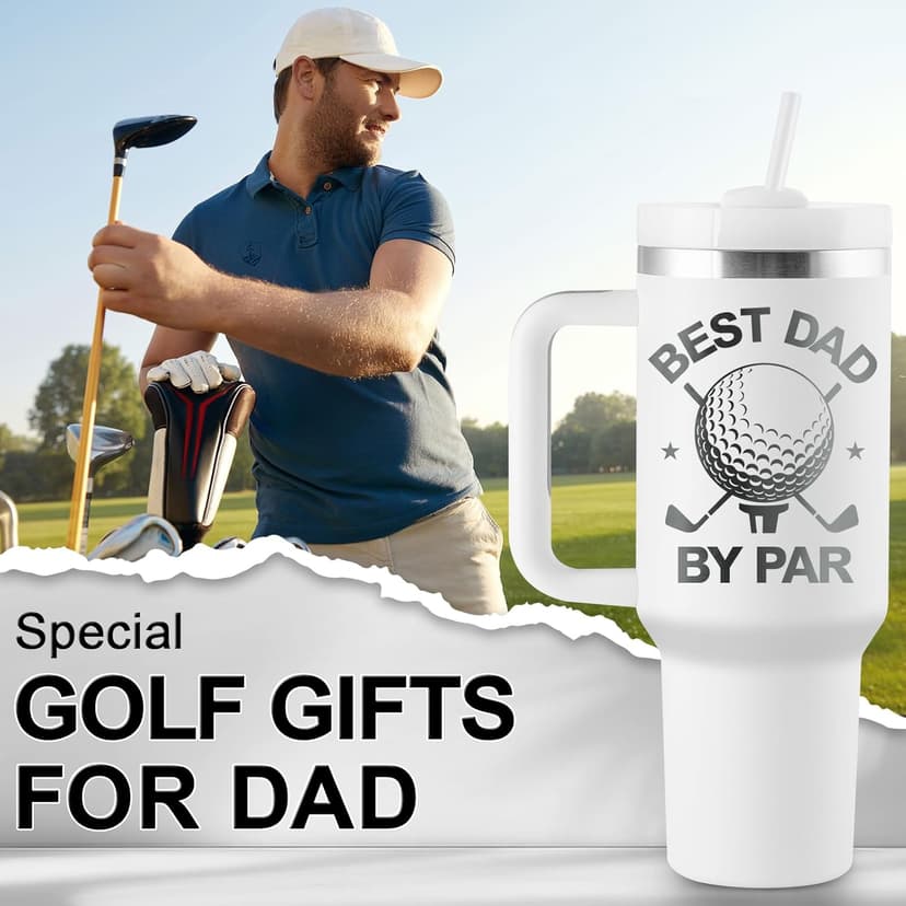 Golf Gifts for Dad - Fathers Day Golf Gifts for Men - Funny Golfer Gift Ideas for Him - Best Dad By Par - 40oz Travel Cup Insulated Tumbler with Handle & Straw