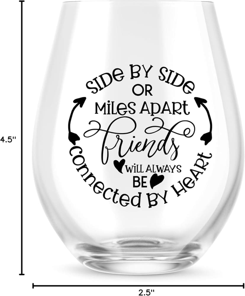 Side By Side Or Miles Apart Best Friend Wine Glass - 15 Oz, Scratch-Resistant Wine Glass - Birthday Gifts for Her, Stocking Stuffer, or Long Distance Friendship Gifts for Women - Printed in the USA