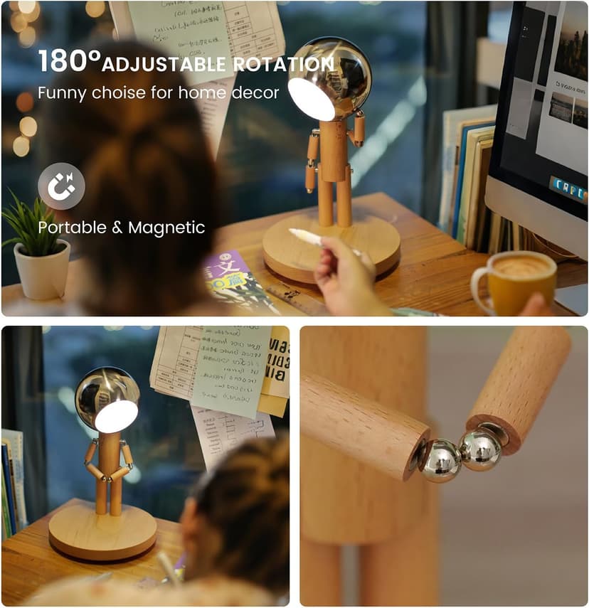 Pause Moon Lamp, Creative Wood LED Desk Lamp, Unique Decorative Lighting for Bedroom, Lamps for Night Stands, Rechargeable Cordless Lamp Office & Gift