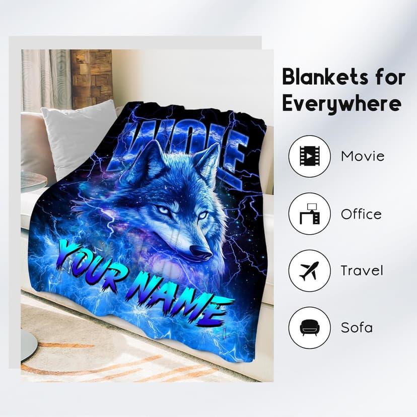 Boys Blanket Personalized Wolf Blankets Gifts for Kids, Warm Flannel Custom Throw for Boys (4 Sizes)