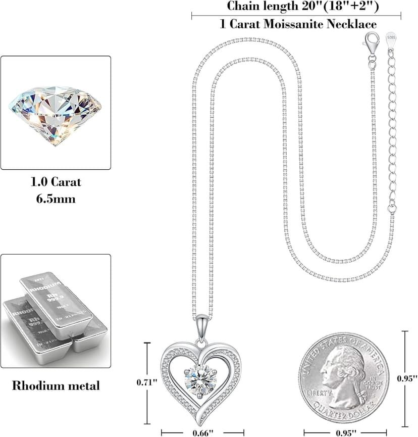 Moissanite Heart Necklaces for Women, 1-3 Carat Moissanite 925 Sterling Silver Necklace, Anniversary Present for Women, Birthday Gifts for Wife, Jewelry Gifts for Christmas, Valentine's Day