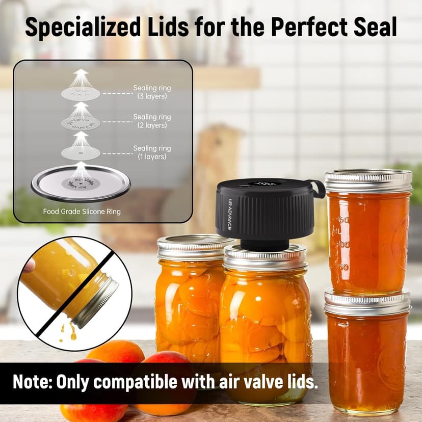 Upgraded 3-in-1 Electric Mason Jar Vacuum Sealer Kit for Jars, Bags, Food Savers & Containers | Auto-Stop Jar Sealer with 4-Hours Battery Life & One-Handed Operation for Dry Foods, Jams & Leftovers​