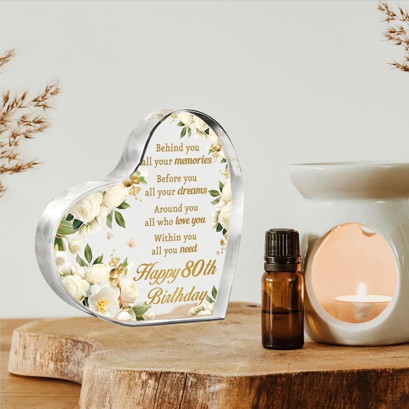 AceThrills 80th Birthday Gifts and Decorations for Women - Acrylic Paperweight 3.9 x 3.9 x 0.51 Inches - Happy Birthday Decor Party Favors