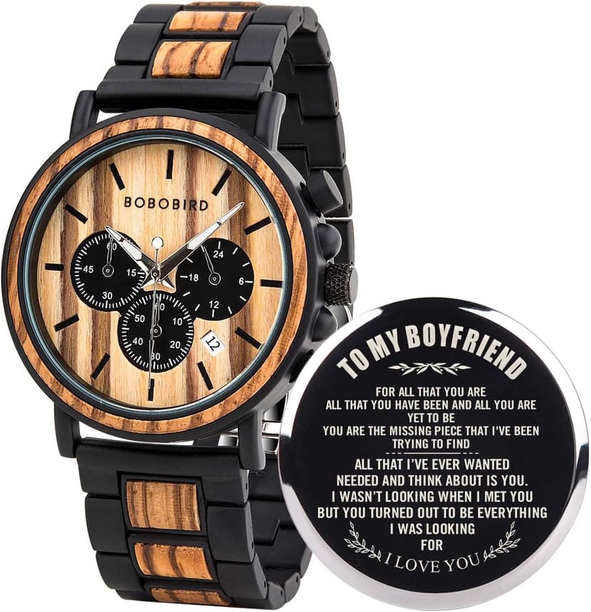 BOBO BIRD Mens Personalized Engraved Wooden Watches, Stylish Wood & Stainless Steel Combined Quartz Casual Wristwatches for Men Family Friends Customized Watch