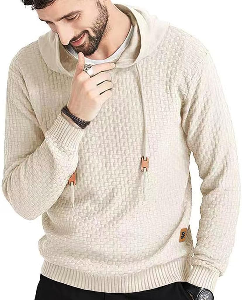 Zaitun Mens Hooded Sweatshirt Long Sleeve Solid Knitted Hoodie Pullover Sweater