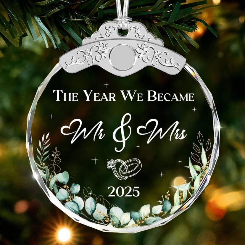 Glass Ornament - Mr & Mrs 2025 Wreath Leaf Wedding Ornaments - Newlywed Gifts for Couples 2025 - Couple Ornament for Bride and Groom - Elegant Engagement Keepsake for Christmas Tree Décor