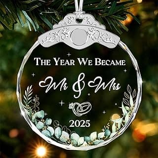 Glass Ornament - Mr & Mrs 2025 Wreath Leaf Wedding Ornaments - Newlywed Gifts for Couples 2025 - Couple Ornament for Bride and Groom - Elegant Engagement Keepsake for Christmas Tree Décor