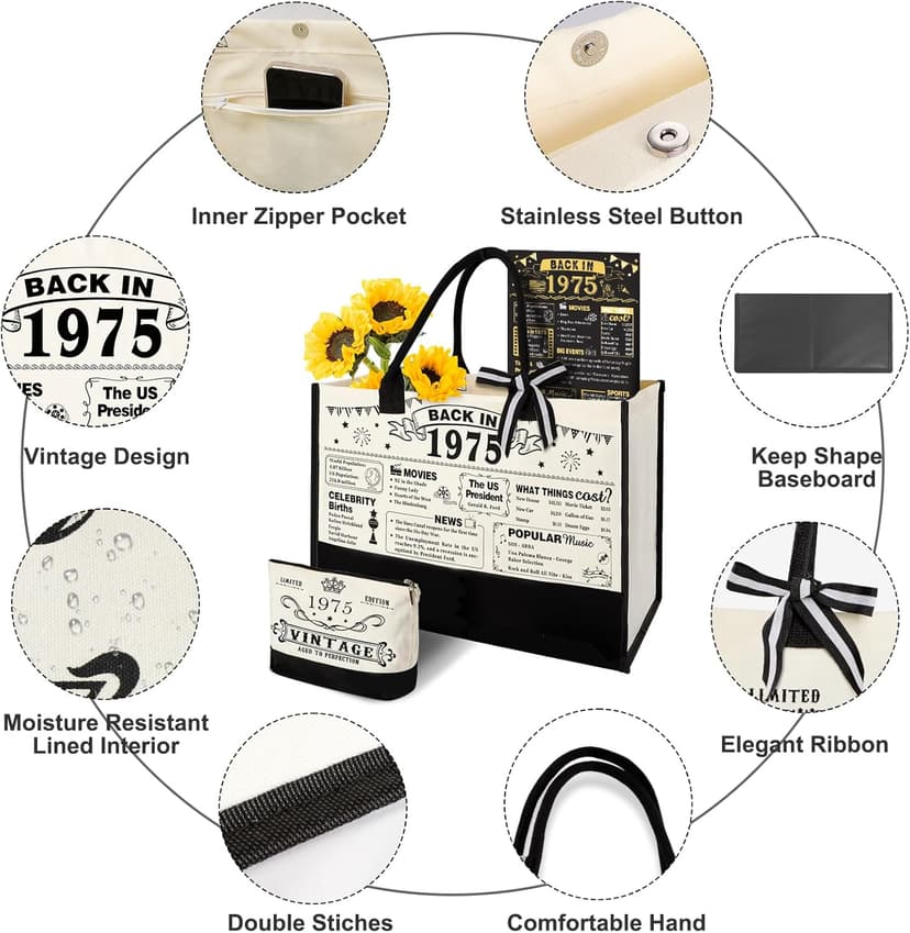 50th Birthday Gifts for Women Canvas Tote Bag Travel Gear, Unique 50 Years Old Gifts for Wife Sister Mom Aunt Friends Her, Vintage 1975 Handbag & Cosmetic Bag & Back in 1975 Poster