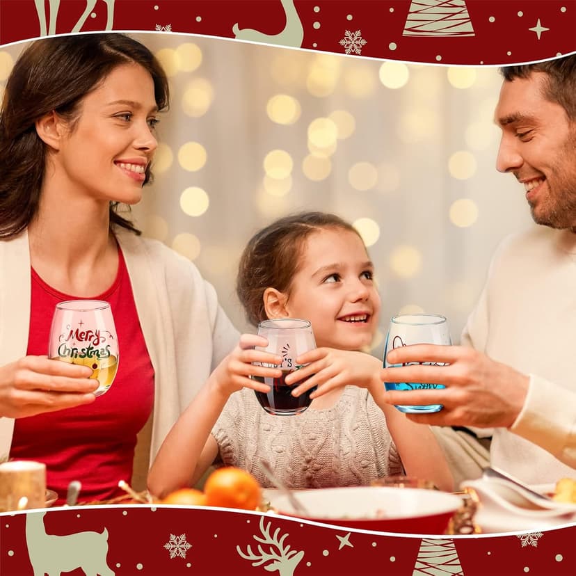 Funtery 6 Pcs Christmas wine Stemless Glass Funny Christmas Gift Set for Teacher Men Women Family Friend Coworker, Gift Ideal Birthday Wedding Party Supplies(Classic Style)