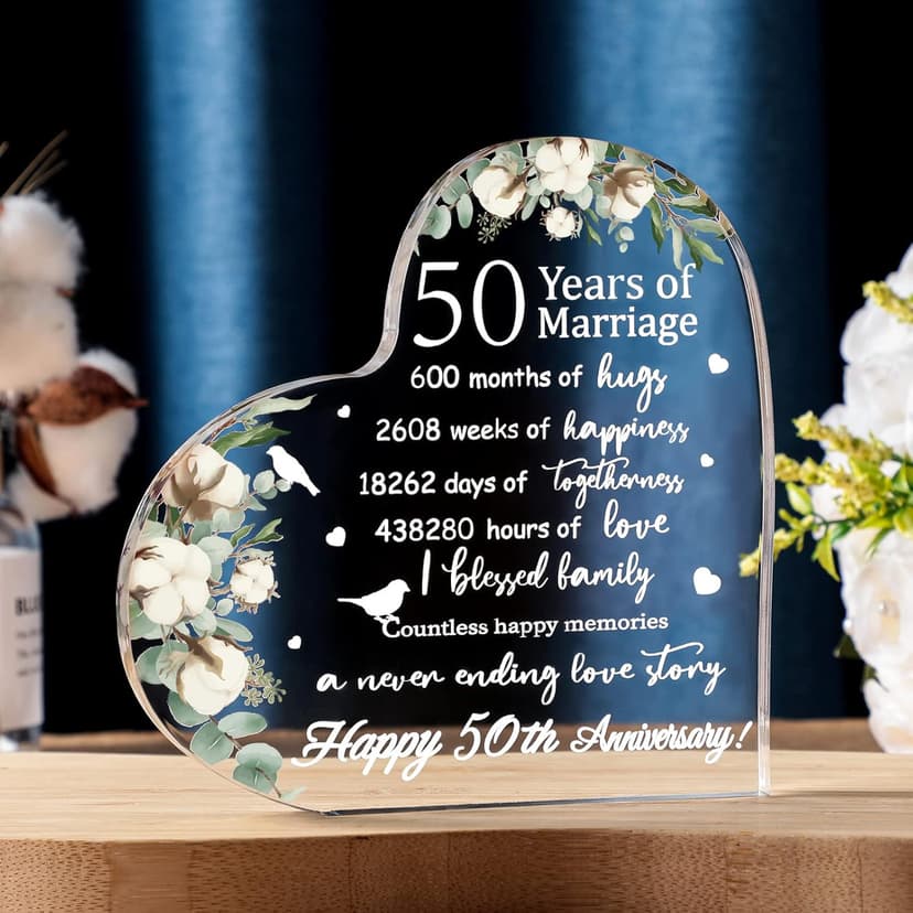 Yulejo Wedding Gift for Her: 50th Anniversary Keepsake Acrylic Heart Decor (White, 15.1 x 15.1 x 1.4 cm / 5.9 x 5.9 x 0.55 inches)
