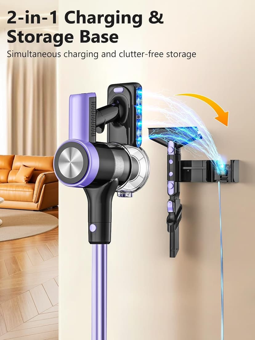 Cordless Vacuum Cleaner, 46KPa/500W Stick Vacuum with 55 Mins Runtime, Self-Standing Vacuum Cleaner for Home, LED Display, Anti-Tangle Brush, Rechargeable Vacuum for Hardwood Floor, Pet Hair (Violet)
