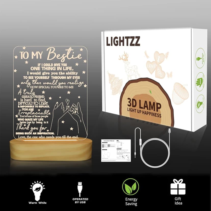 to My Bestie Gifts,3D Illusion Lamp I Love You Friends Night Light for Best Friend Sister Boys & Girls Women BFF Birthday Holiday, Soft Warm White Colors LED Wooden Table Lamp