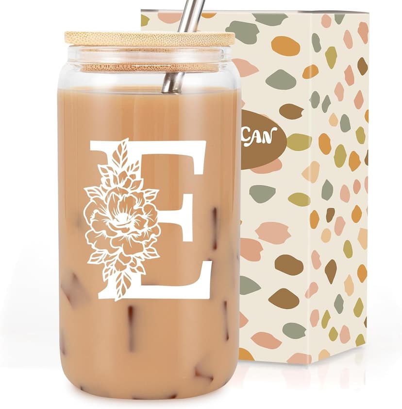 Coolife Initial Glass Cup, Monogrammed Gifts for Women, 16 oz Glass Cups w/Lids Straws, Iced Coffee Smoothie Beer Tumbler w/Straw Lid - Personalized Christmas, Birthday Gifts for Her Mom Friend Woman