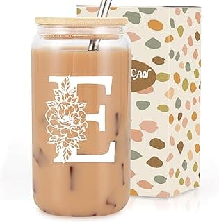 Coolife Initial Glass Cup, Monogrammed Gifts for Women, 16 oz Glass Cups w/Lids Straws, Iced Coffee Smoothie Beer Tumbler w/Straw Lid - Personalized Christmas, Birthday Gifts for Her Mom Friend Woman